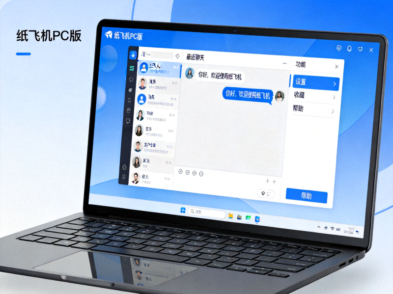 纸飞机PC电脑版软件在Windows笔记本电脑上的全屏界面展示，显示清晰的聊天窗口和功能菜单